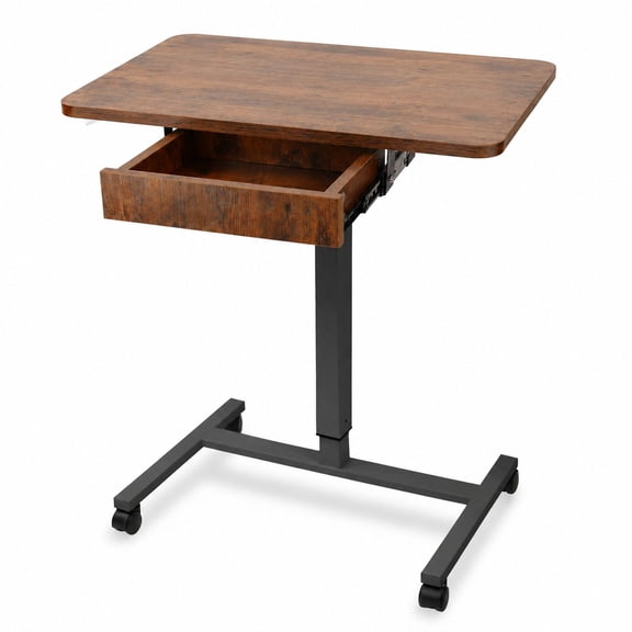 Height Adjustable Mobile Laptop Desk Cart with Drawer, 28 x 18.9, Brown, Metal & Wood