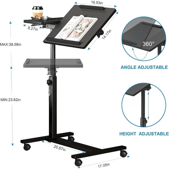 @@Height Adjustable Mobile Laptop Desk with 2 Tilting Desktops & Cup Holder, Rolling Overbed Table Computer Workstation for Home Office Hospital