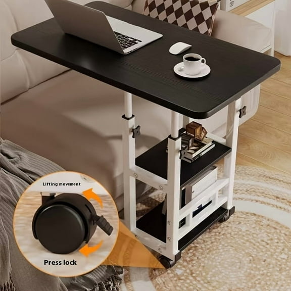 Height-Adjustable Mobile Laptop Table - 4-Wheel Rolling Study/Workstation Desk with Dual Shelves for Bedside/Dorm/Office Use, Sturdy Modern Finish (Space-Saving Design)