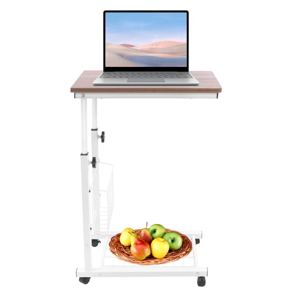 Height Adjustable Mobile Overbed Desk Workstation, Ancient Oak & White Rolling Bed Side Table, 29.9211.4218.9 Inches