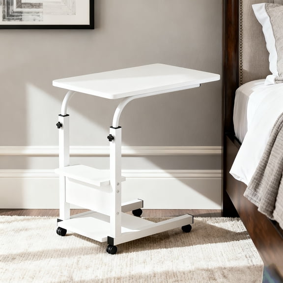 Height-Adjustable Mobile Overbed Table with Wheels, Rolling Laptop Desk with 3-Tier Storage Shelves for Sofa, Bed, or Home Office Use, Sturdy On-Bed Workstation