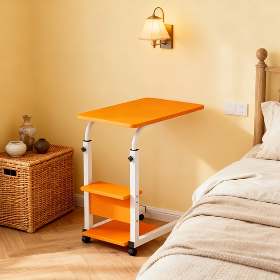Height-Adjustable Mobile Overbed Table with Wheels - Rolling Laptop Desk for Sofa, Bed & Home Office, Adjustable Side Table with 3-Tier Storage Shelves, Sturdy -Bed Work Desk for Working