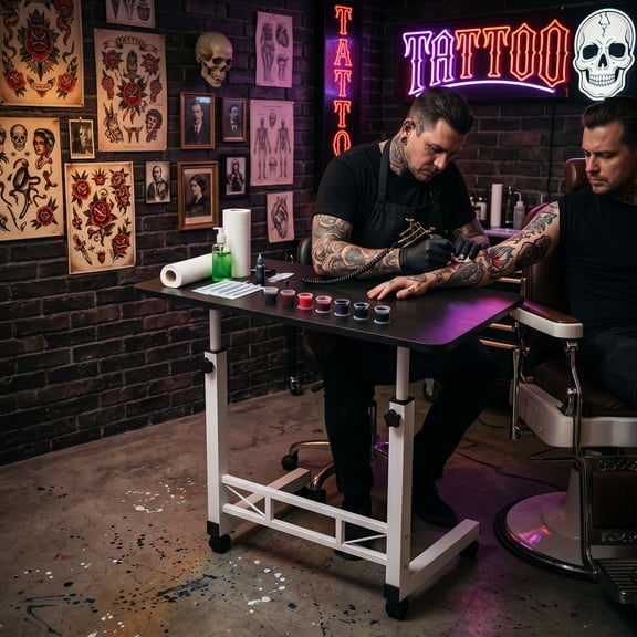 Height Adjustable Mobile Tattoo Workstation Cart Heavy Duty Metal Frame Lockable Casters Storage Shelf Portable Rolling Tattoo Tray Stand for Salon Studio Artists