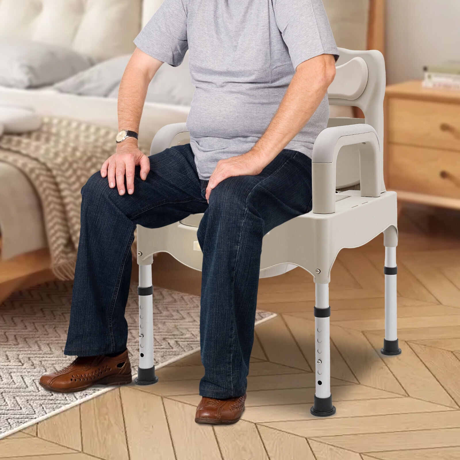 Height Adjustable Modern Grey White Bedside Commodes Chair, Portable Toilet Chair,Commode Toilet for Home Use
