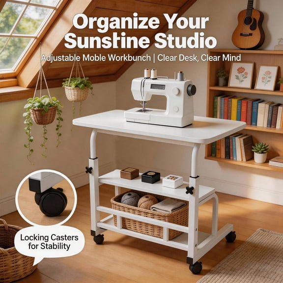 Height-Adjustable Movable Sewing Table With Locking Casters, Portable Sewing Machine Workbench For Home, Small Studio And Confined Spaces