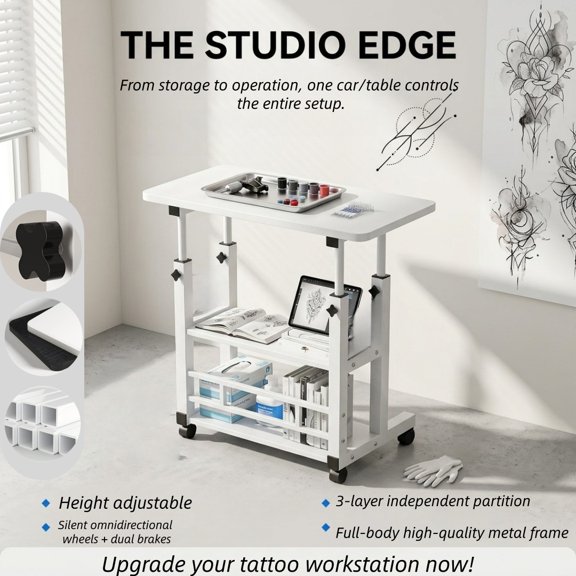 Height Adjustable Multi-Functional Tattoo Workbench with Lockable Wheels Heavy-Duty Large Worktop, Professional Rolling Station for Tattoo Artists Studios