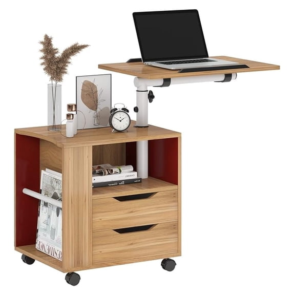 Height Adjustable Nightstand with Lockable Wheels, Over-Bed Movable Bedside Table with 2-Drawers, Bedroom Side Storage Cabinet with 1-Open Cube, Oak