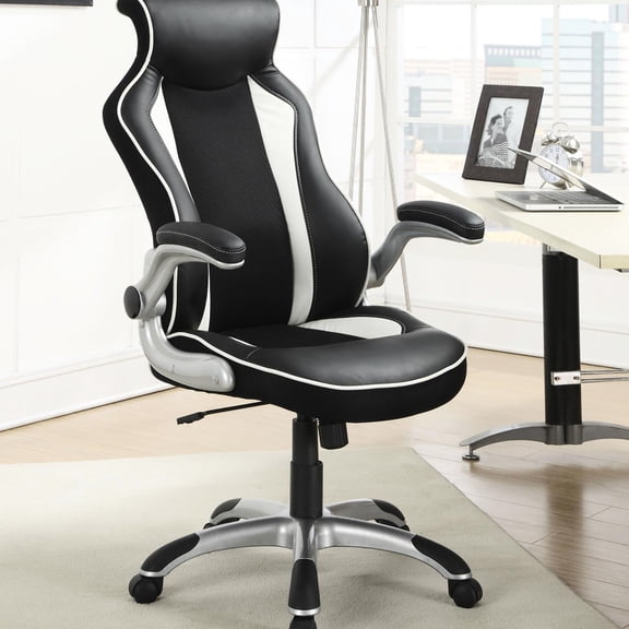 Height - Adjustable Office Furniture | Contemporary Design in Office Environment | Black and White Leatherette Appearance | Mobility with Caster Wheels