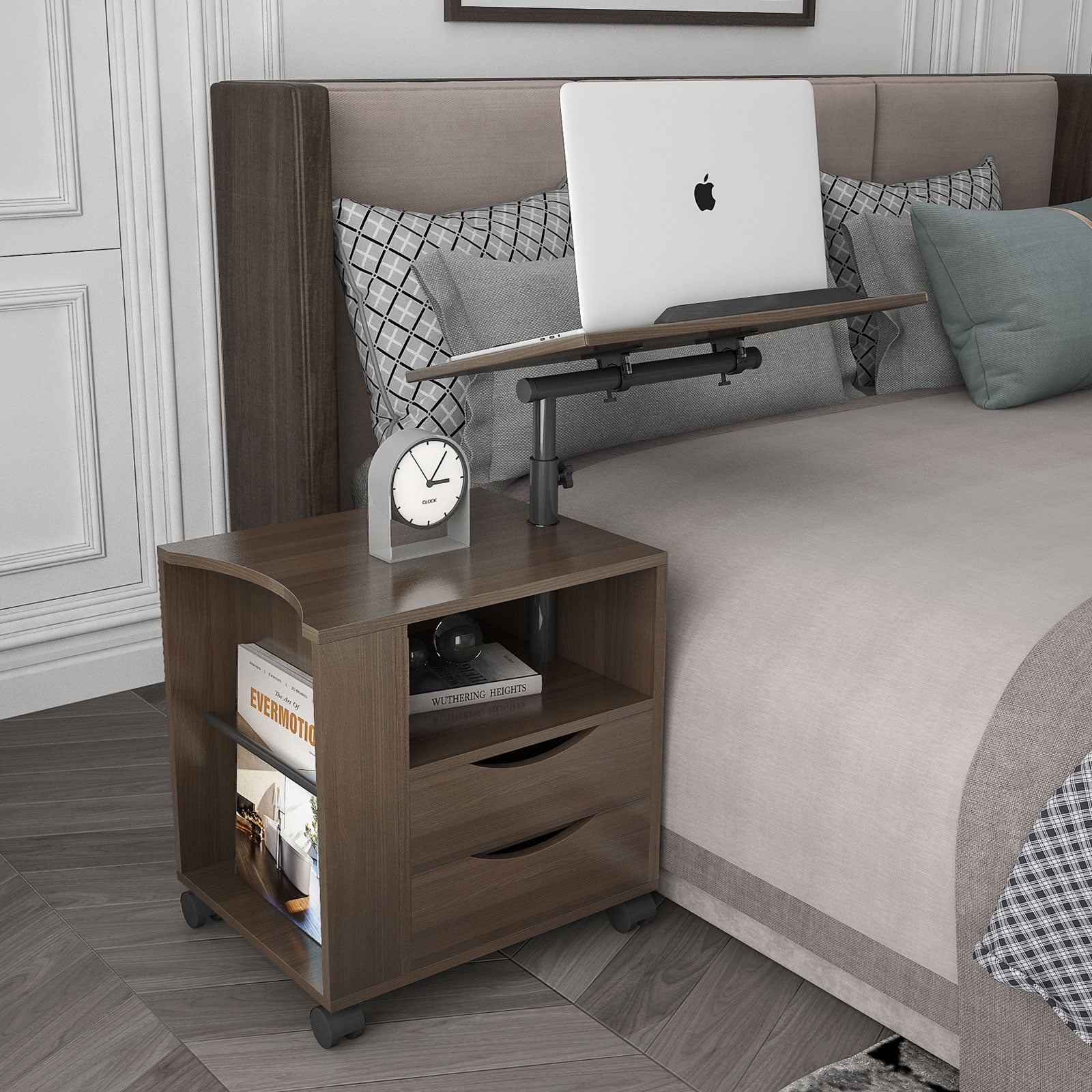 Height Adjustable Overbed End Table, Wooden Nightstand with Height Adjustable Overbed End Table, Wooden Nightstand with