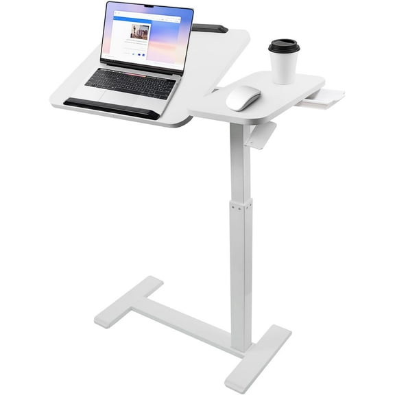 Height Adjustable Overbed Table with Tilting Top, Mobile Standing Desk Hospital Bed Table Bedside Sofa Side Table for Eating, Reading or Working, Movable Overbed Table with Wheels (White)