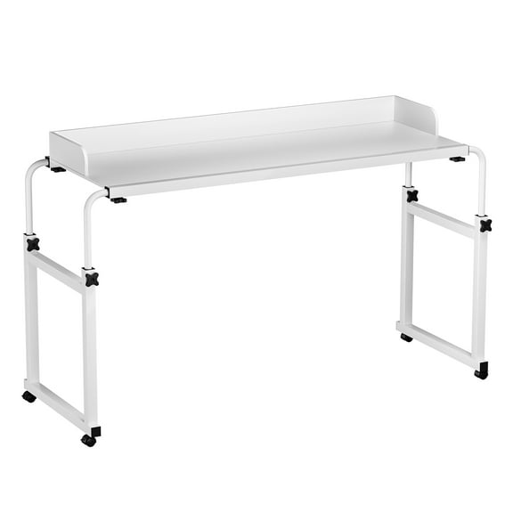 Height Adjustable Overbed Table with Wheels, 120x40cm Rolling Over-the-Bed Laptop Desk with Raised Baffle, Mobile Workstation for Home, Office, Hospital Bed