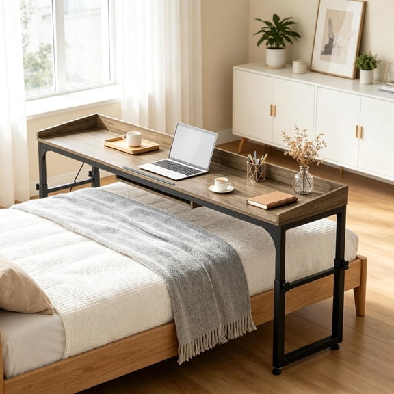 Height Adjustable Overbed Table with Wheels, 5-Level Tilting Desktop, Mobile Bedside Desk with AC & USB Charging Ports for Working Reading Gaming