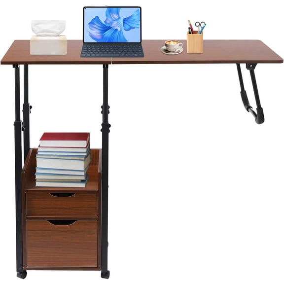 Height Adjustable Overbed Table with Wheels, Foldable Bedside Nightstand with 2 Drawers (Light Wood + White)