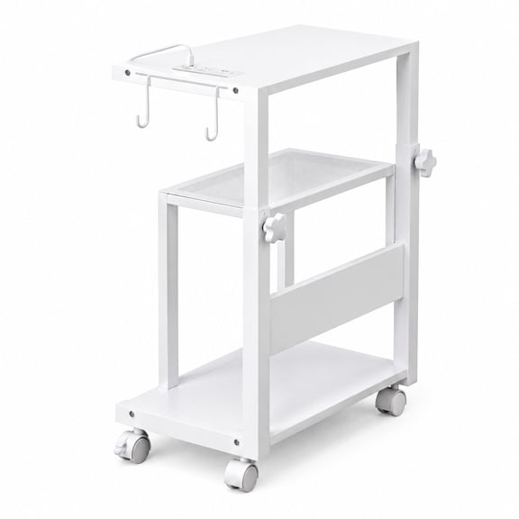 Height Adjustable PC Tower Stand with Charging Station, RGB LED Lighting, 23"-33", White Steel, 2-Tier Mobile Workstation
