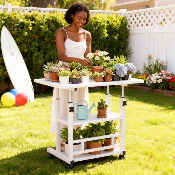 Height-Adjustable Portable Gardening Workbench with Casters | Multifunctional Metal Frame for Office, Patio, Plant Display & Outdoor Use