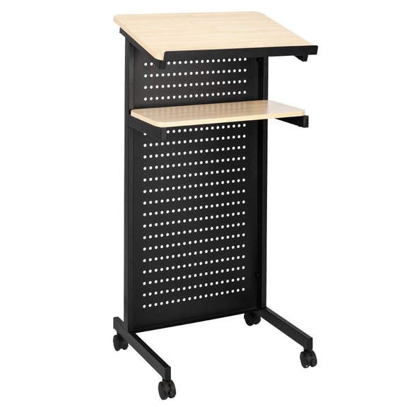 Height Adjustable Portable Podium Stand, Wheeled Lectern with Storage Shelf and Edge Stopper, Rolling Pulpit for Ceremony Classroom Lecture Speech Teach Platform, Black
