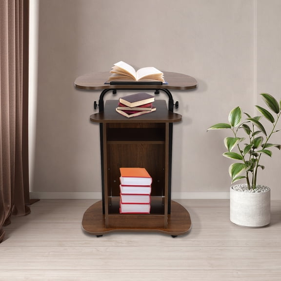 Height Adjustable Portable Wood Podium Stand Wheeled Lectern with Storage Shelf