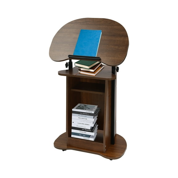 Height Adjustable Portable Wood Podium Stand Wheeled Lectern with Storage Shelf