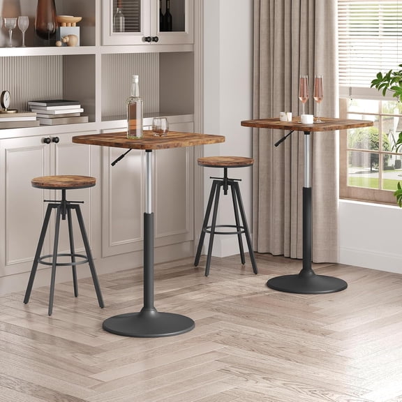 Height-Adjustable Pub Table with Rotating Top, Rustic Brown Cocktail Bar Table for Small Spaces, Easy Assembly