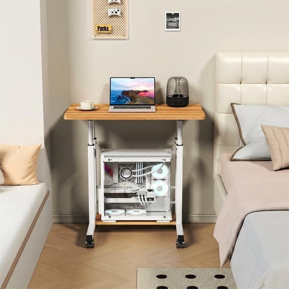 Height Adjustable Rolling Computer Desk – Mobile Sit-Stand Workstation with Locking Wheels, Two-Tier Storage & Compact Design for Home Office or Small Spaces