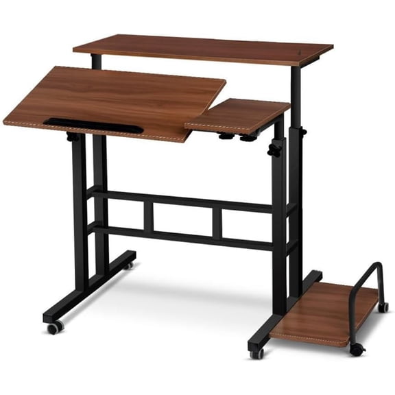 Height Adjustable Rolling Desk – 2-in-1 Sit Stand Table with 180° Swivel Desktop, Compact Portable Workstation for Home Office, Study, Living Room – Dark Walnut