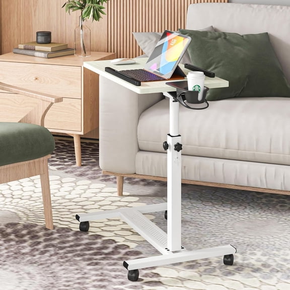 Height Adjustable Rolling Laptop Stand, Overbed Table with 2 Tilting Desktops, Mobile Laptop Table for Couch with Cup Holder, Mobile Computer Workstation for Office, and ,Maple