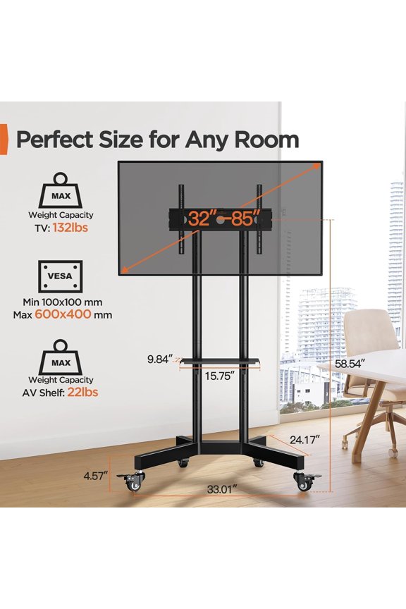 Height Adjustable Rolling TV Cart with Lockable Wheels, Mobile TV Stand for 3285 Inch TVs up to 132 lbs, Heavy Duty TV Stand with Metal Shelf, VESA 600x400 for School, Office, Living Room