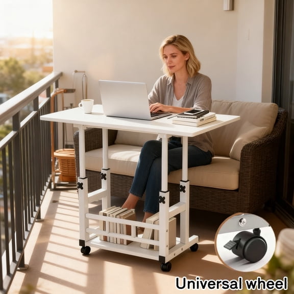 Height Adjustable Rolling Table with Wheels, Heavy-Duty Folding Desk with Storage Shelf, Wood & Metal Frame, Space-Saving Mobile Workstation for Home Office, Bedside, Dorm & Small Spaces