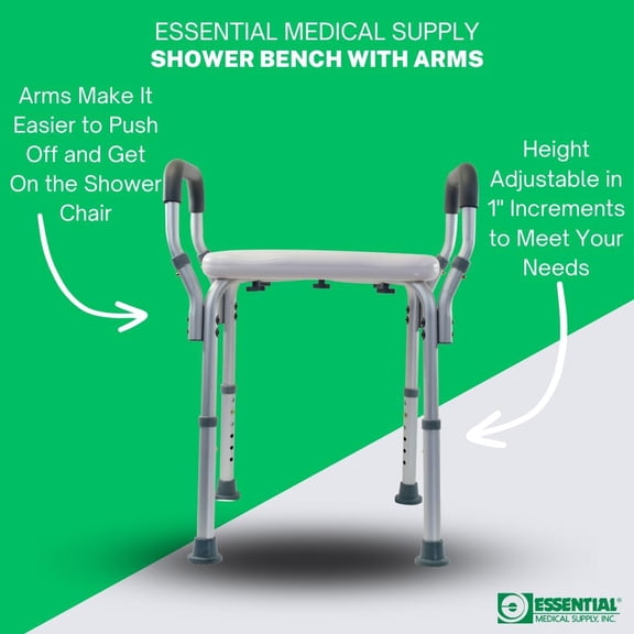 Height Adjustable Shower Bench with Padded Arms and Textured Seat - Supports Up to 300lbs