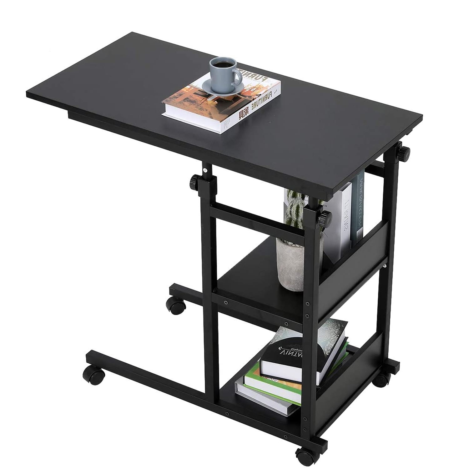 Height Adjustable Side Table End Table with Wheels, CShaped Mobile