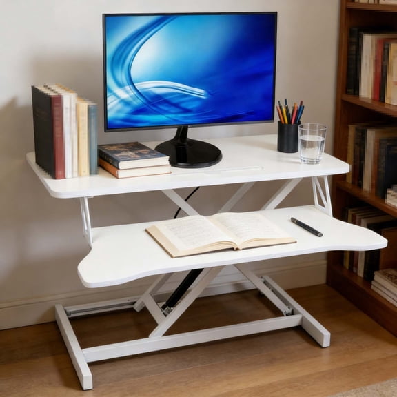 Height Adjustable Sit Stand Desk Riser with Keyboard Tray | Standing Computer Desk Converter & Home Office Ergonomic Workstation for PC or Laptop