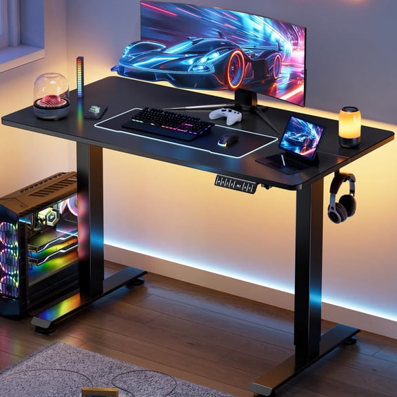 Height Adjustable Sit Stand Desk, Wooden Surface Computer Workstation Table for Home Office Gaming Study Bedroom Brown