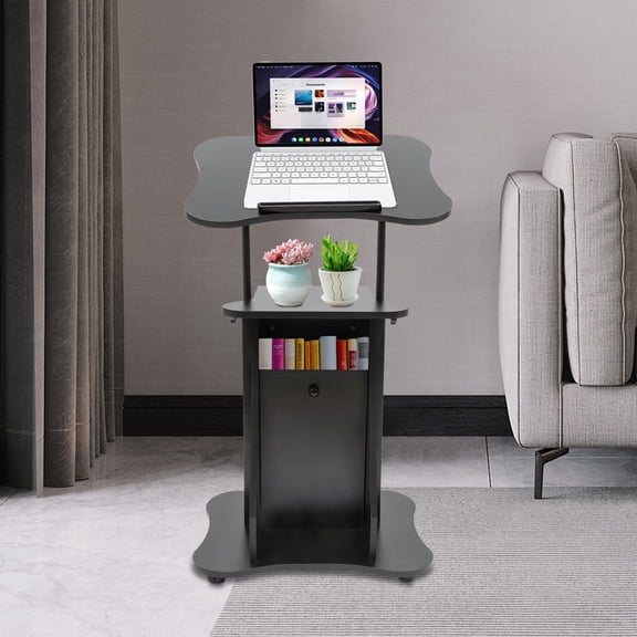 Height Adjustable Sit To Stand Desk  Multi-functional Modern Minimalist  Lectern Podium Stand with Tilting Desktop & Storage Cabinet