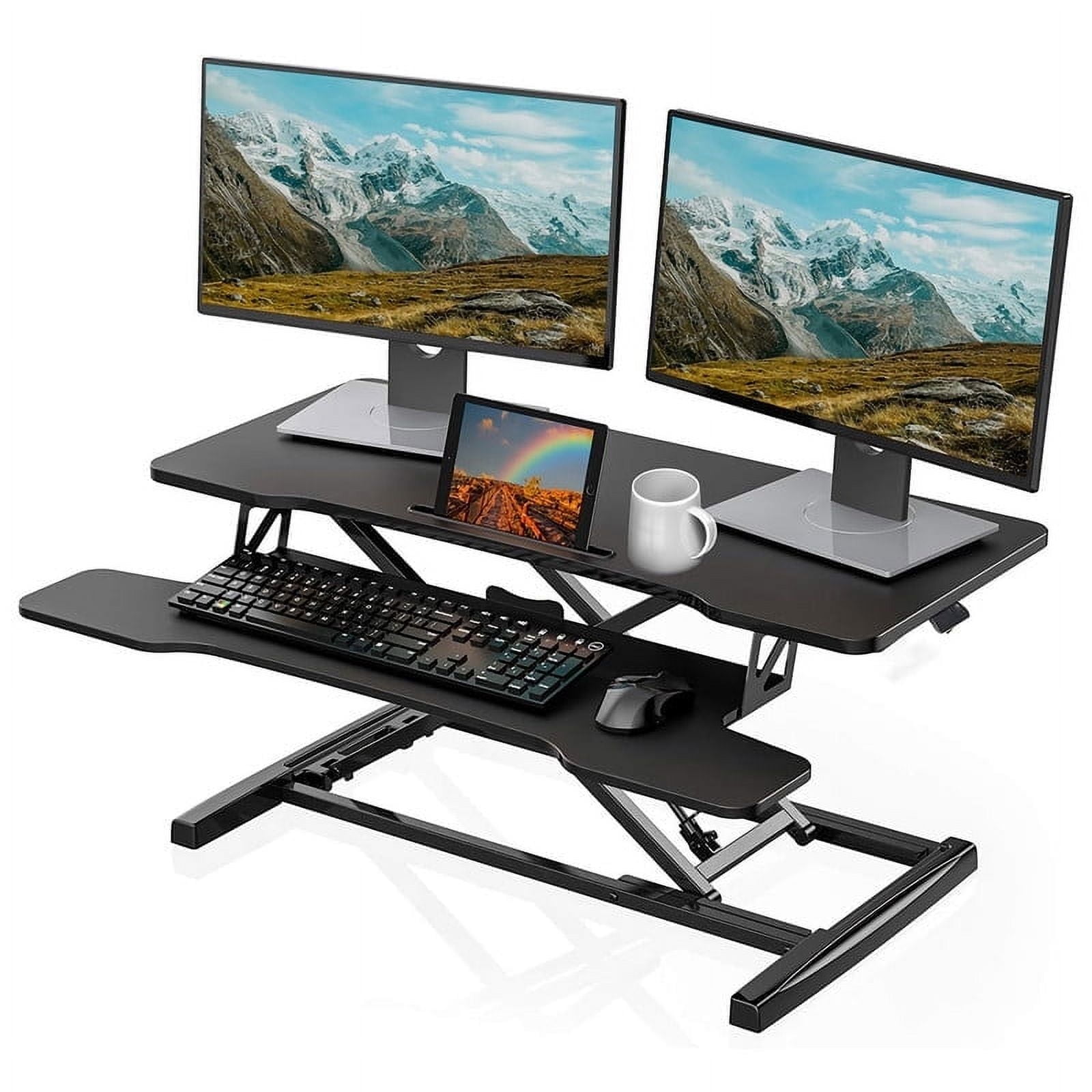 Height Adjustable Stand Up Desk Converter 32 Inch, Laptop Sit Stand Desk Riser for Table Tops and Home Office with Keyboard Tray, Black