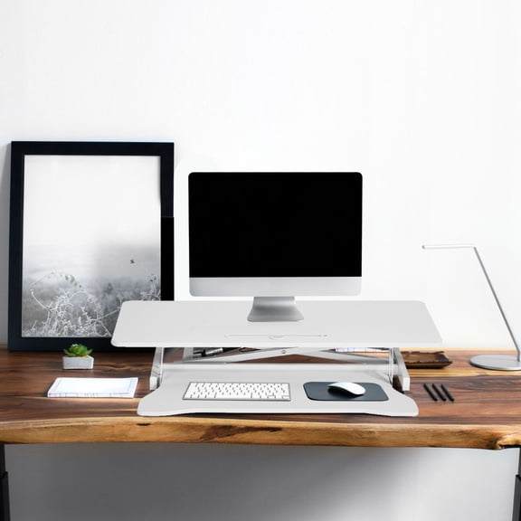 Height Adjustable Stand Up Desk Converter, Laptop Sit Stand Desk Riser for Table Tops and Home Office with Keyboard Tray, White