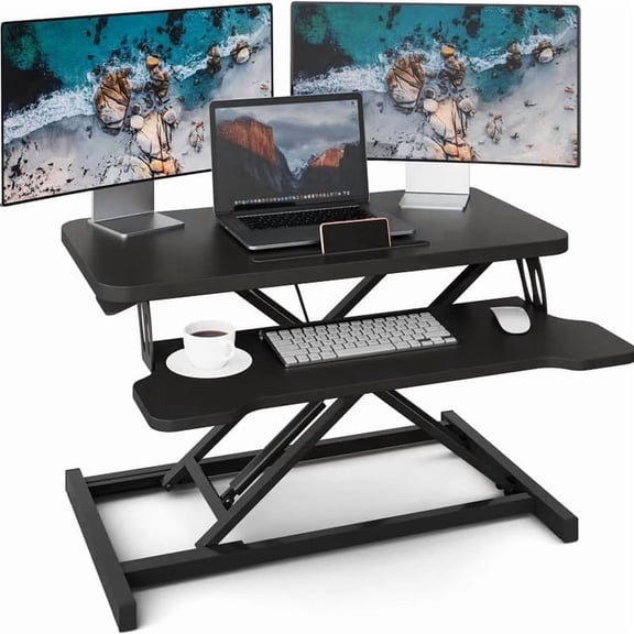 Height Adjustable Stand Up Desk Riser, 32" Laptop Sit Stand Desk Riser for Table Tops and Home Office with Keyboard Tray, Black