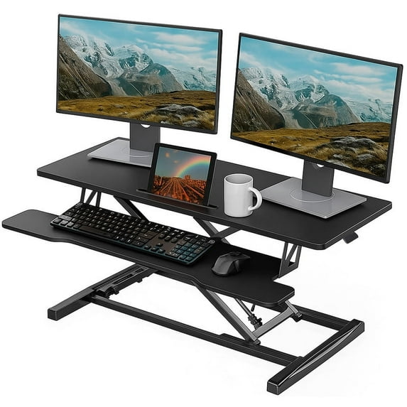 Height Adjustable Stand Up Desk Riser, 32" Laptop Sit Stand Desk Riser for Table Tops and Home Office with Keyboard Tray, Black
