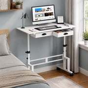 Height Adjustable Standing Desk with 2 Drawers, Small Sit Stand Up Desk with Wheels, Portable Rolling Desk for Walking Pad Treadmill, Computer Office, Adjustable 31.5"-43.3", White, Upgraded Stable