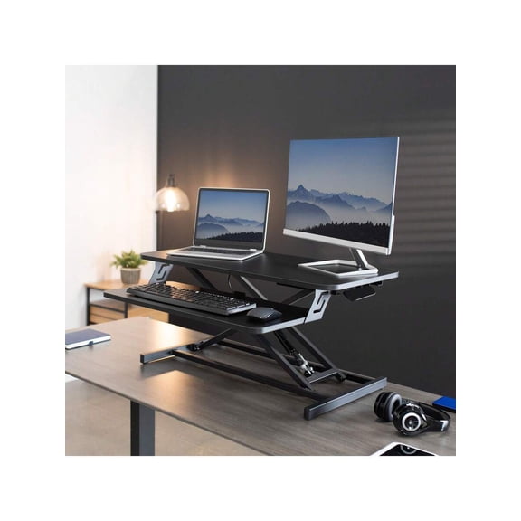 Height Adjustable Standing Desk 32" Wide Sit To Stand Converter Stand Up Desk Tabletop Workstation For Dual Monitor Riser -Black