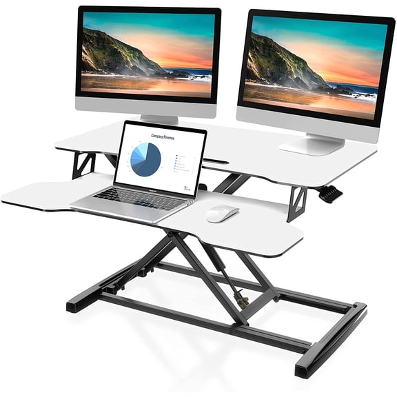 Height Adjustable Standing Desk 32 Wide Sit to Stand Converter Stand Up Desk Tabletop Workstation for Laptops Dual Monitor Riser White SD308003WW