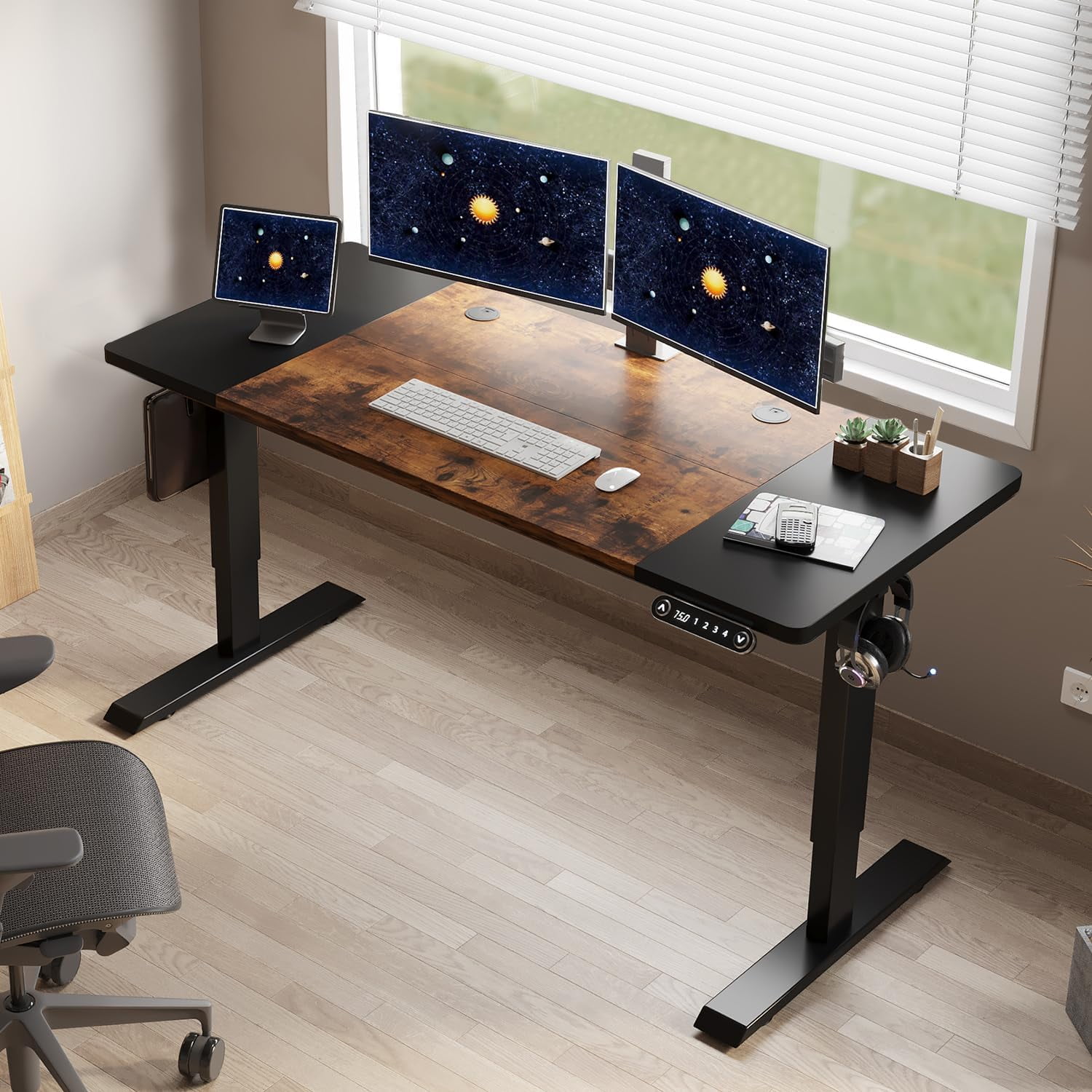 Height Adjustable Standing Desk,55 x 24 Inches Electric Standing Desk with Memory Controller, Sit Stand Home Office Table with Splice Board, Black Frame&Black+Rustic Brown Top