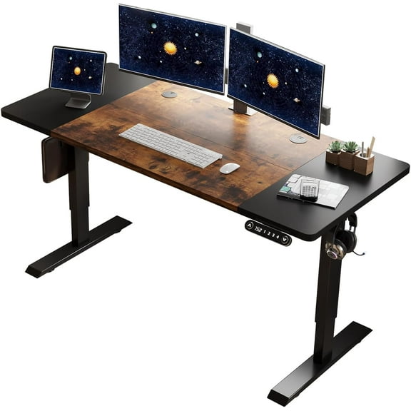 Height Adjustable Standing Desk,63 x 30 Inch Electric Standing Desk with Memory Controller,Sit Stand Home Office Desk with Splice Board, Single Motor, Black Frame/Black+Rustic Brown Top