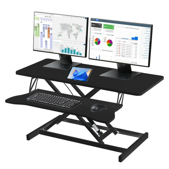 Height Adjustable Standing Desk Converter, 38” Wide, Stand Up Desk Riser for 2 Monitors, Manual Spring Desktop Raises to 16.9", Fits Two Monitor Screens with Keyboard Tray in Black