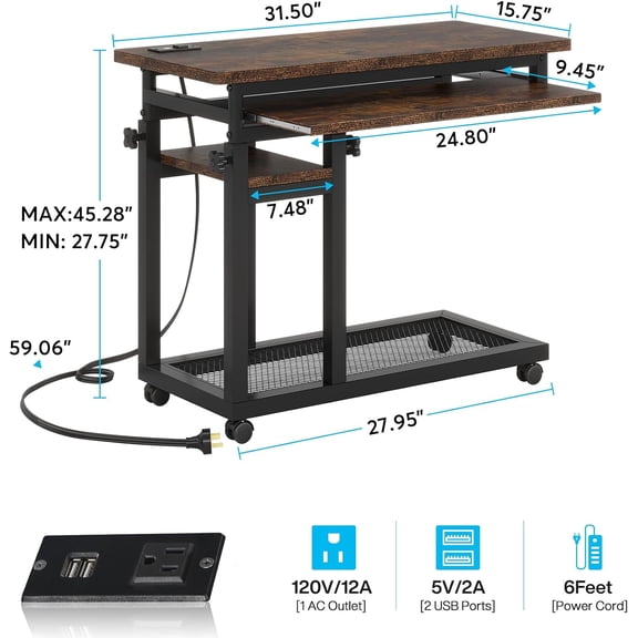 Height Adjustable Standing Desk Converter with Power Outlet and USB Ports for Home Office