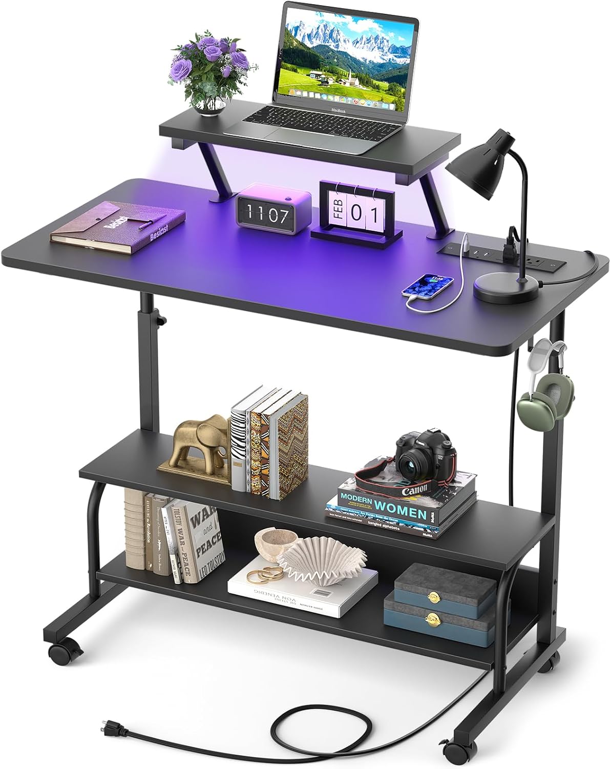 Height Adjustable Standing Desk with Power Outlets and LED Lights 32