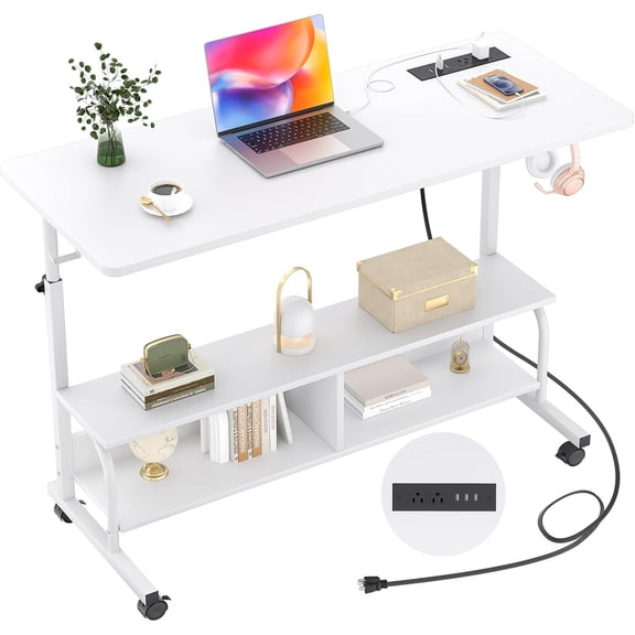 Rolling Standing Desk with Power Outlets, " Manual Height Adjustable Mobile Desk with Wheels, Portable Sit Stand Laptop Couch Table for Bed & Sofa Office, Whtie
