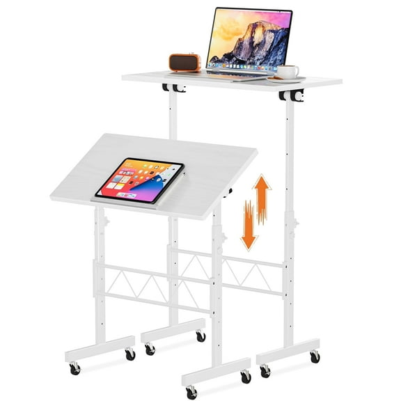 EXRACING Portable Standing Desk with Tiltable Top, Small Mobile Laptop Table with 31.5" x 15.75" Surface, Rolling Desk for Home Office or Walking Pad, White