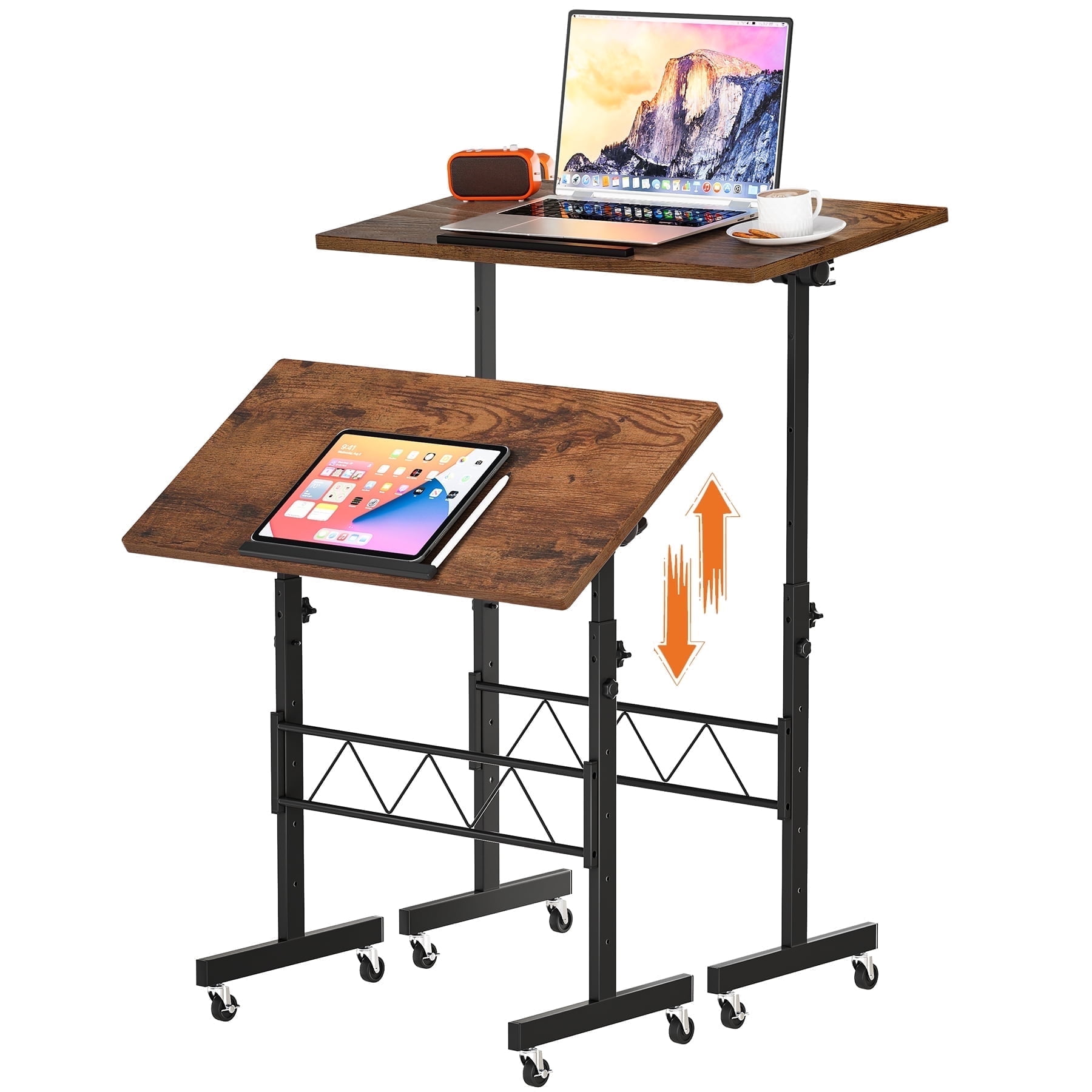 EXRACING Portable Standing Desk with Tiltable Top, Small Mobile Laptop Table with 31.5" x 15.75" Surface, Rolling Desk for Home Office or Walking Pad, Brown