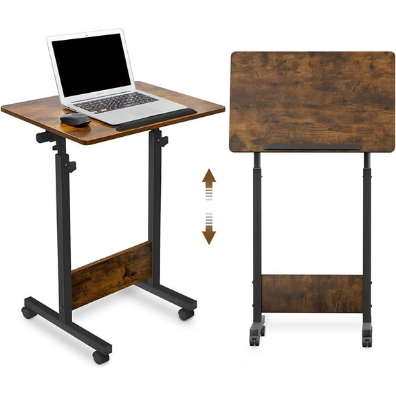 Height Adjustable Standing Desk with Storage Bag widths16 in Length 24 in, Portable Rolling Mobile Stand Up Table with Wheels, 360 Degree Flip Laptop Computer Desk for Home Office, Rustic Brown