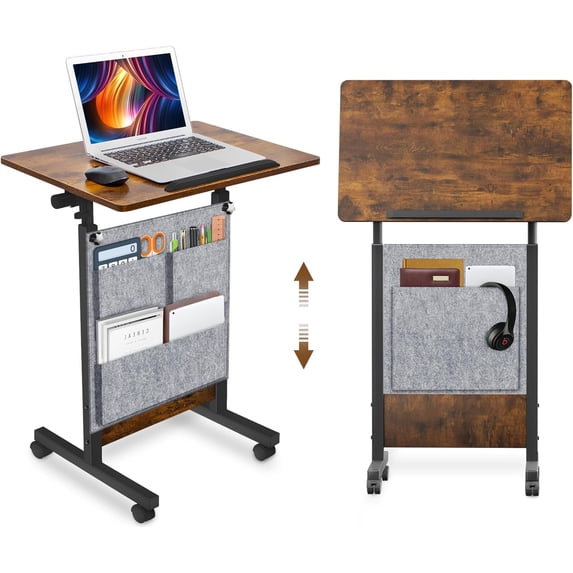 Height Adjustable Standing Desk with Storage Bag widths16 in Length 24 in, Portable Rolling Mobile Stand Up Table with Wheels, 360 Degree Flip Laptop Computer Desk for Home Office, Rustic Brown